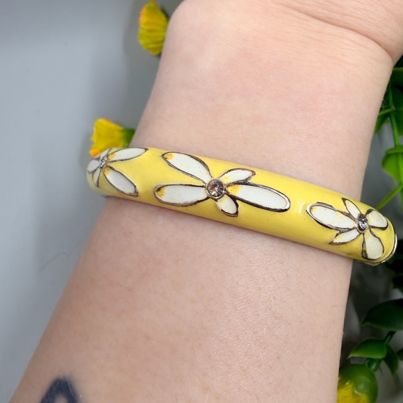 Yellow Floral Enamel Bangle Bracelet with Crystal Accents - Picture 3 of 5